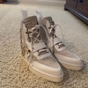 Louis Vuitton White and Tan High-Top Sneakers with Gold Accents
